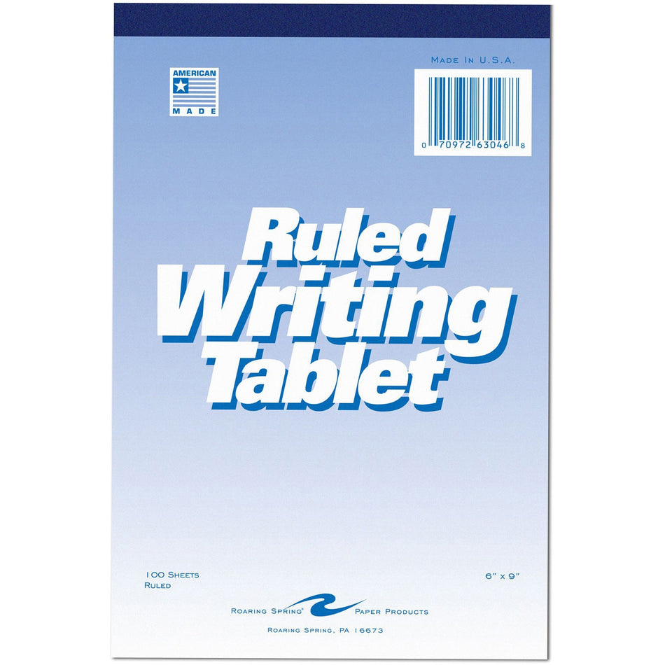 Roaring Spring Ruled Writing Tablets - 100 Sheets - Glued/Tapebound - 15 lb Basis Weight - 6" x 9" Sheet Size - White Paper - White Chipboard Cover - Chipboard Backing - 1 Each