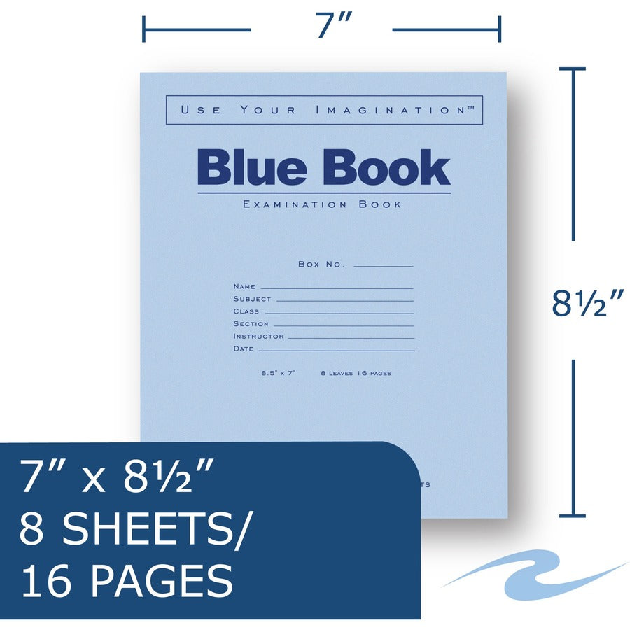 Roaring Spring Blue Book 8-sheet Exam Booklet - 8 Sheets - 16 Pages - Stapled/Glued - Red Margin - 15 lb Basis Weight - 7" x 8 1/2" Sheet Size - White Paper - Blue Cover - Flexible Cover - 50 / Pack