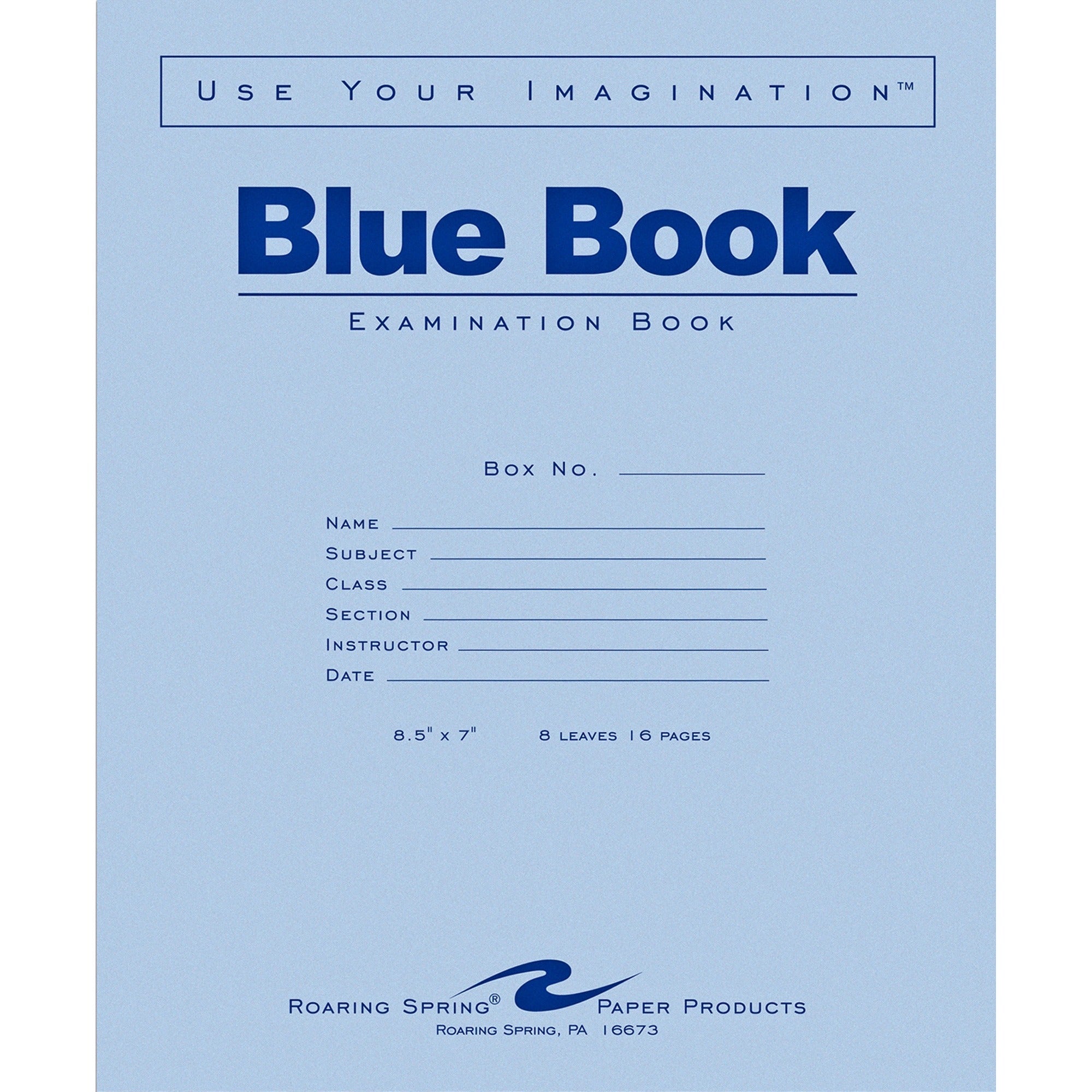 Roaring Spring Blue Book 8-sheet Exam Booklet - 8 Sheets - 16 Pages - Stapled/Glued - Red Margin - 15 lb Basis Weight - 7" x 8 1/2" Sheet Size - White Paper - Blue Cover - Flexible Cover - 50 / Pack