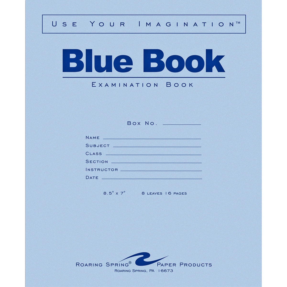 Roaring Spring Blue Book 8-sheet Exam Booklet - 8 Sheets - 16 Pages - Stapled/Glued - Red Margin - 15 lb Basis Weight - 7" x 8 1/2" Sheet Size - White Paper - Blue Cover - Flexible Cover - 50 / Pack