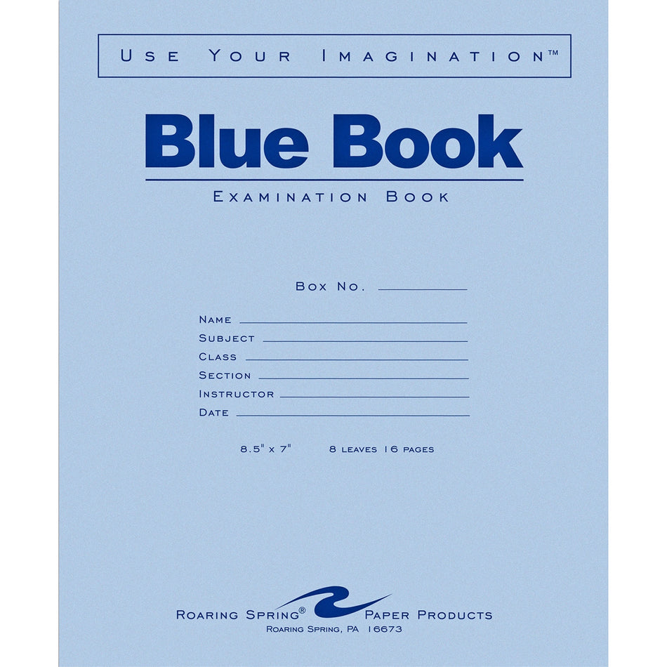 Roaring Spring Blue Book 8-sheet Exam Booklet - 8 Sheets - 16 Pages - Stapled/Glued - Red Margin - 15 lb Basis Weight - 7" x 8 1/2" Sheet Size - White Paper - Blue Cover - Flexible Cover - 50 / Pack