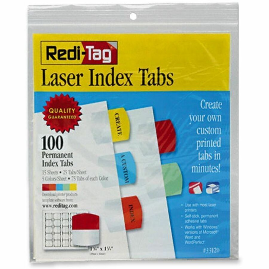 Redi-Tag Laser Printable Index Tabs - 100 Blank Tab(s) - 1.25" Tab Height x 1.12" Tab Width - Self-adhesive, Permanent - Red, Blue, Mint, Orange, Yellow Tab(s) - 100 / Pack