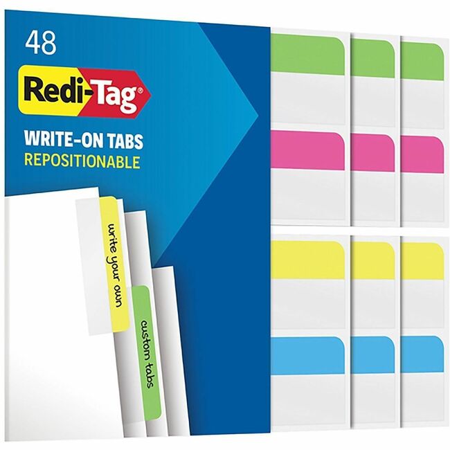 Redi-Tag Index Flags - 12 x Blue, 12 x Yellow, 12 x Magenta, 12 x Green - 2" Flag/Note Width x 11/16" Flag/Note Length - Rectangle - Assorted - Plastic - Removable, Self-adhesive - 48 / Pack