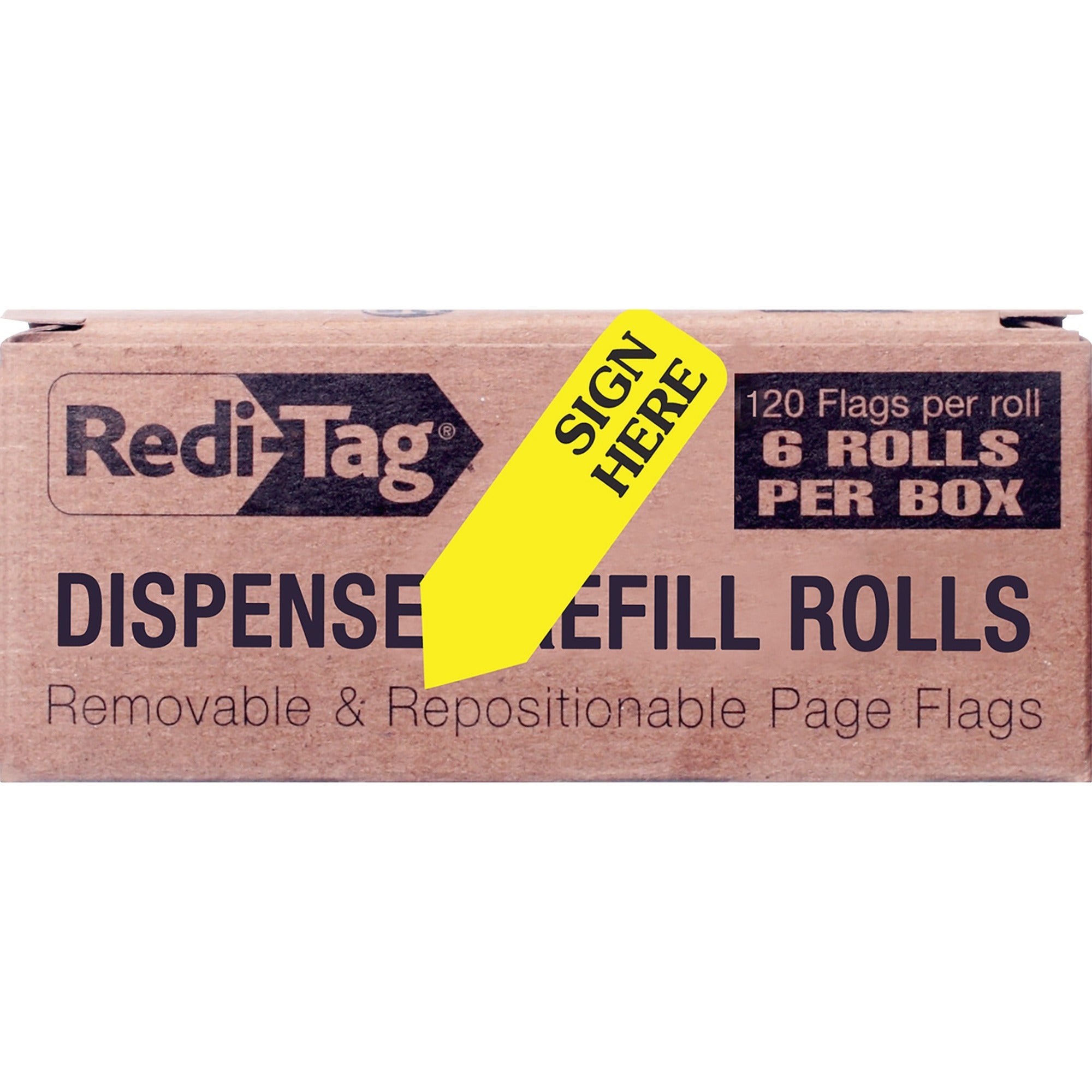 Redi-Tag Sign Here Arrow Flags Dispenser Refills - 720 x Yellow - 1 7/8" Flag/Note Width x 9/16" Flag/Note Length - SIGN HERE - Yellow - Removable, Self-adhesive - Dispenser Included - 6 / Box
