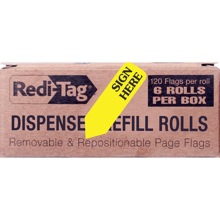 Redi-Tag Sign Here Arrow Flags Dispenser Refills - 720 x Yellow - 1 7/8" Flag/Note Width x 9/16" Flag/Note Length - SIGN HERE - Yellow - Removable, Self-adhesive - Dispenser Included - 6 / Box