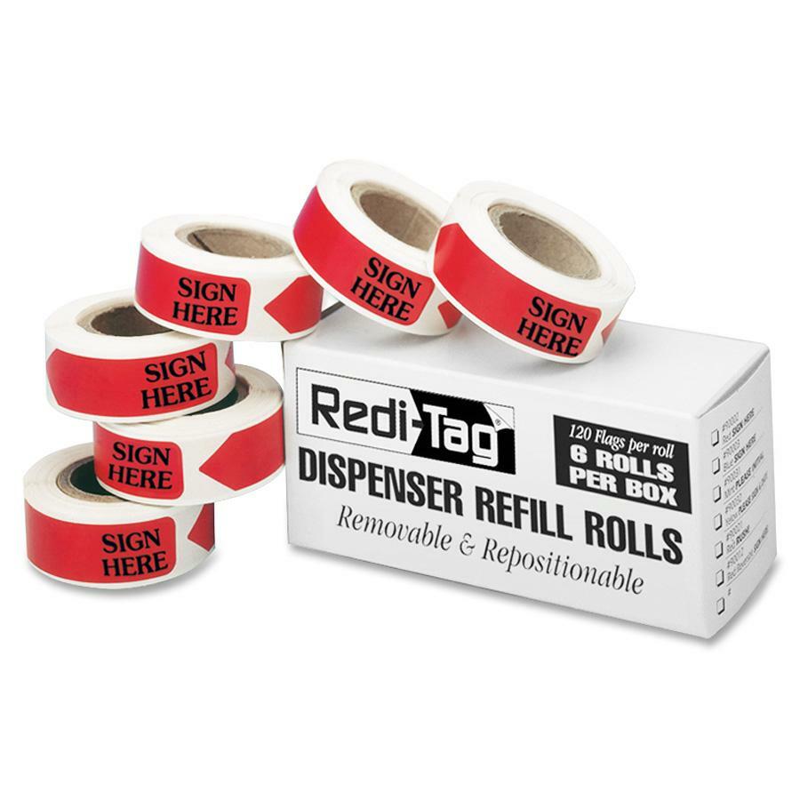 Redi-Tag Sign Here Arrow Flags Dispenser Refills - 720 x Red - 1 7/8" Flag/Note Width x 9/16" Flag/Note Length - Arrow - SIGN HERE - Red - Removable, Self-adhesive - Dispenser Included - 120/Roll - 6 / Box