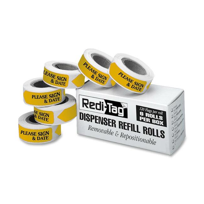 Redi-Tag Sign/Date Tags Refills - 720 x Yellow - 1 7/8" Flag/Note Width x 9/16" Flag/Note Length - Arrow - Please Sign & Date - Yellow - Removable, Self-adhesive - 120/Roll - 6 / Box