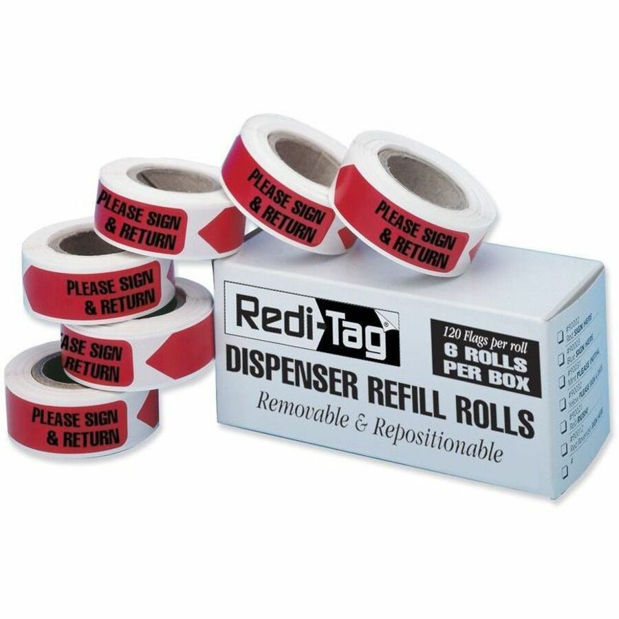 Redi-Tag Sign/Return Refill Flags - 120 x Red - 1 7/8" Flag/Note Width x 9/16" Flag/Note Length - Arrow - Sign & Return - Red - Removable, Self-adhesive - 120/Roll - 6 / Box