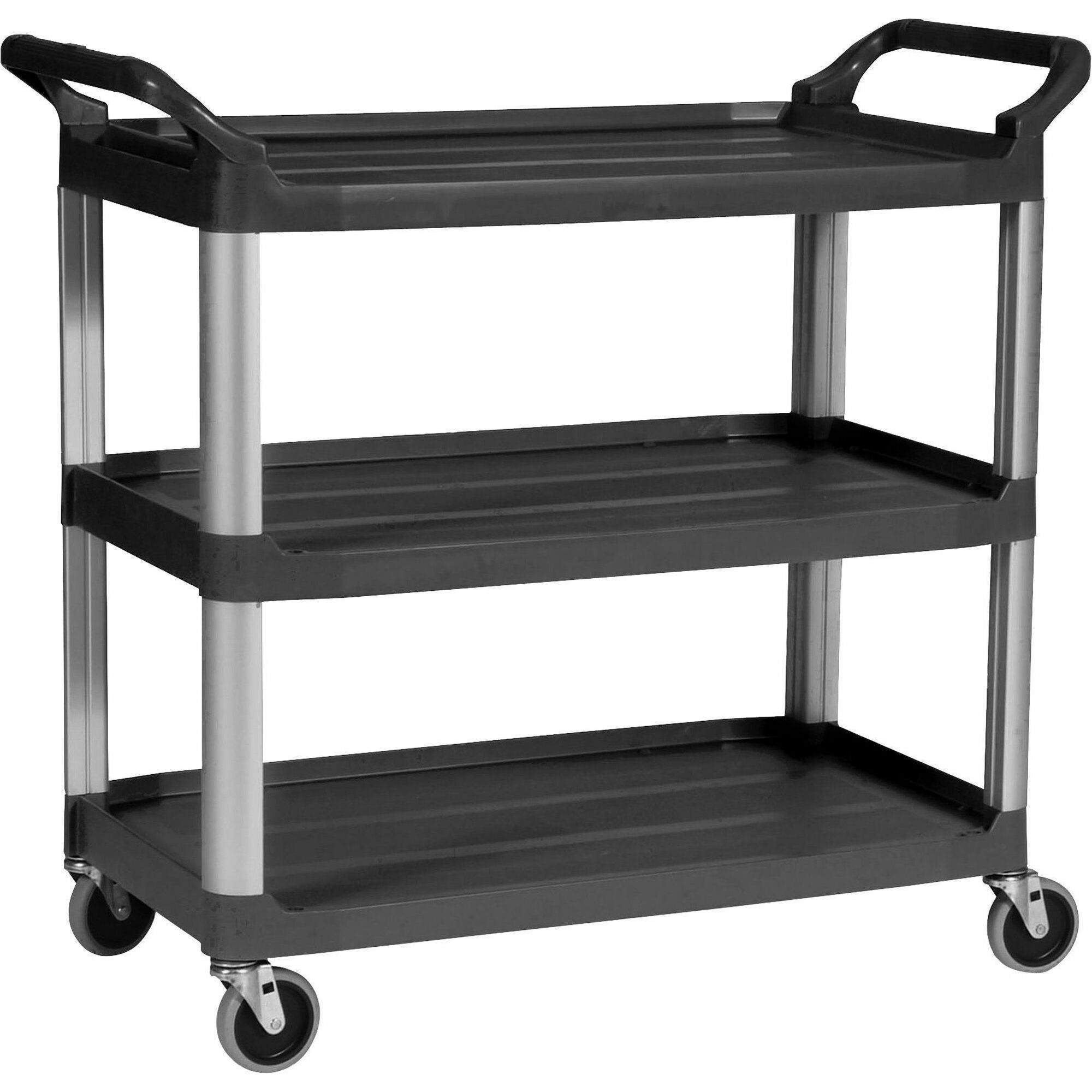 Rubbermaid Commercial 3-Shelf Mobile Utility Cart - 3 Shelf - 300 lb Load Capacity - 4" Caster Size - Aluminum - 40.60" Width x 20" Depth x 37.80" Height - Aluminum Frame - Black - 1 Each