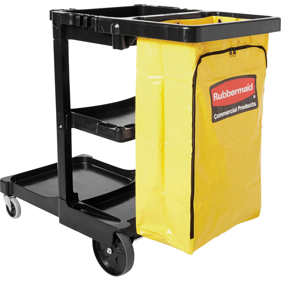 Rubbermaid Commercial Janitor Cart With Zipper Yellow Vinyl Bag - 3 Shelf - 4" , 8" Caster Size - x 21.8" Width x 46" Depth x 38.4" Height - Black - 1 Each