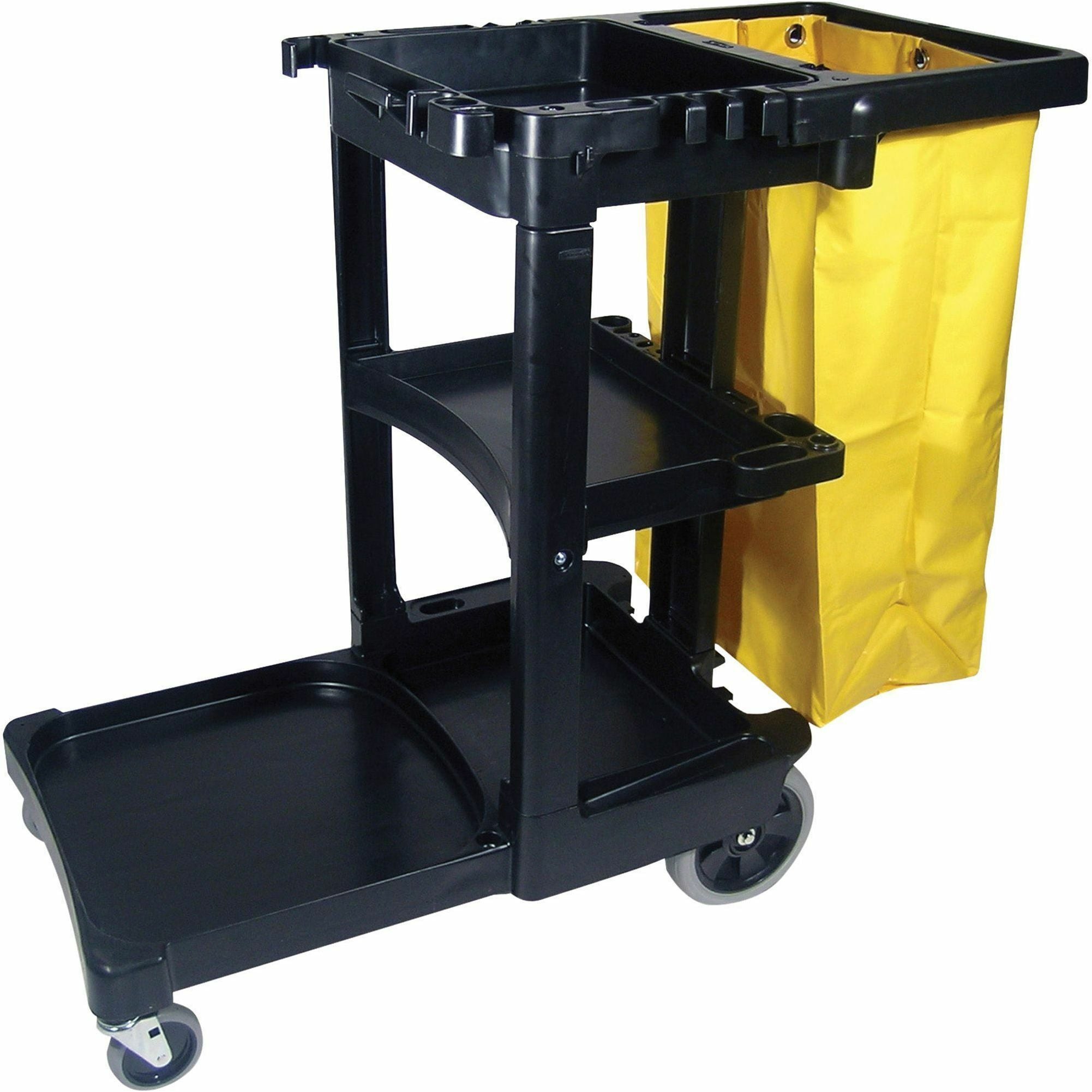 Rubbermaid Commercial Janitor Cart With Zipper Yellow Vinyl Bag - 3 Shelf - 4" , 8" Caster Size - x 21.8" Width x 46" Depth x 38.4" Height - Black - 1 Each