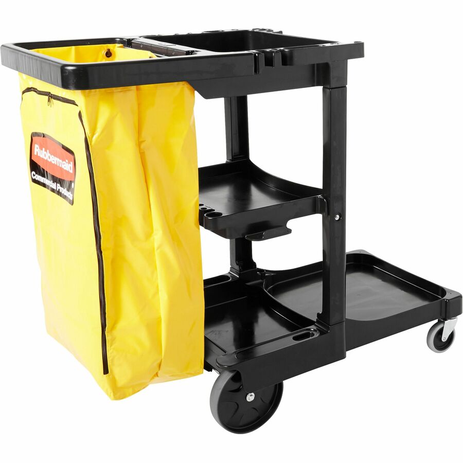Rubbermaid Commercial Janitor Cart With Zipper Yellow Vinyl Bag - 3 Shelf - 4" , 8" Caster Size - x 21.8" Width x 46" Depth x 38.4" Height - Black - 1 Each