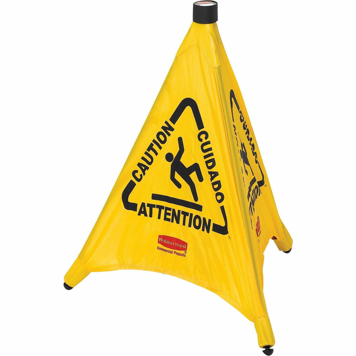 Rubbermaid Commercial Multi-Lingual Caution Safety Cone - Multilingual - Print/Message "Caution" , "Attention" , "Cuidado" - 21" Width x 20" Height x 21" Depth - Wall Mountable - Durable, Multilingual - Yellow - 1 Each