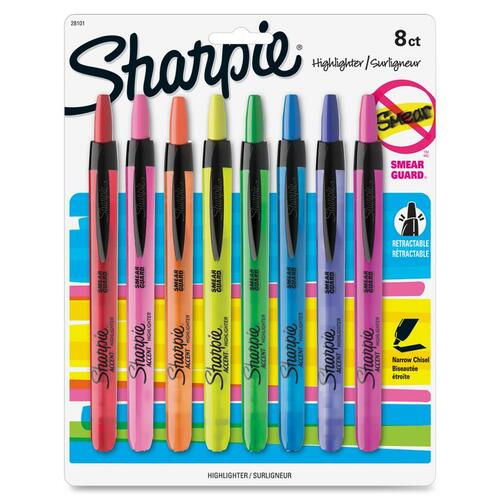 Sharpie Smear Guard Retractable Highlighters - Chisel Marker Point - Retractable - Assorted Ink - Assorted Barrel - 8 / Set