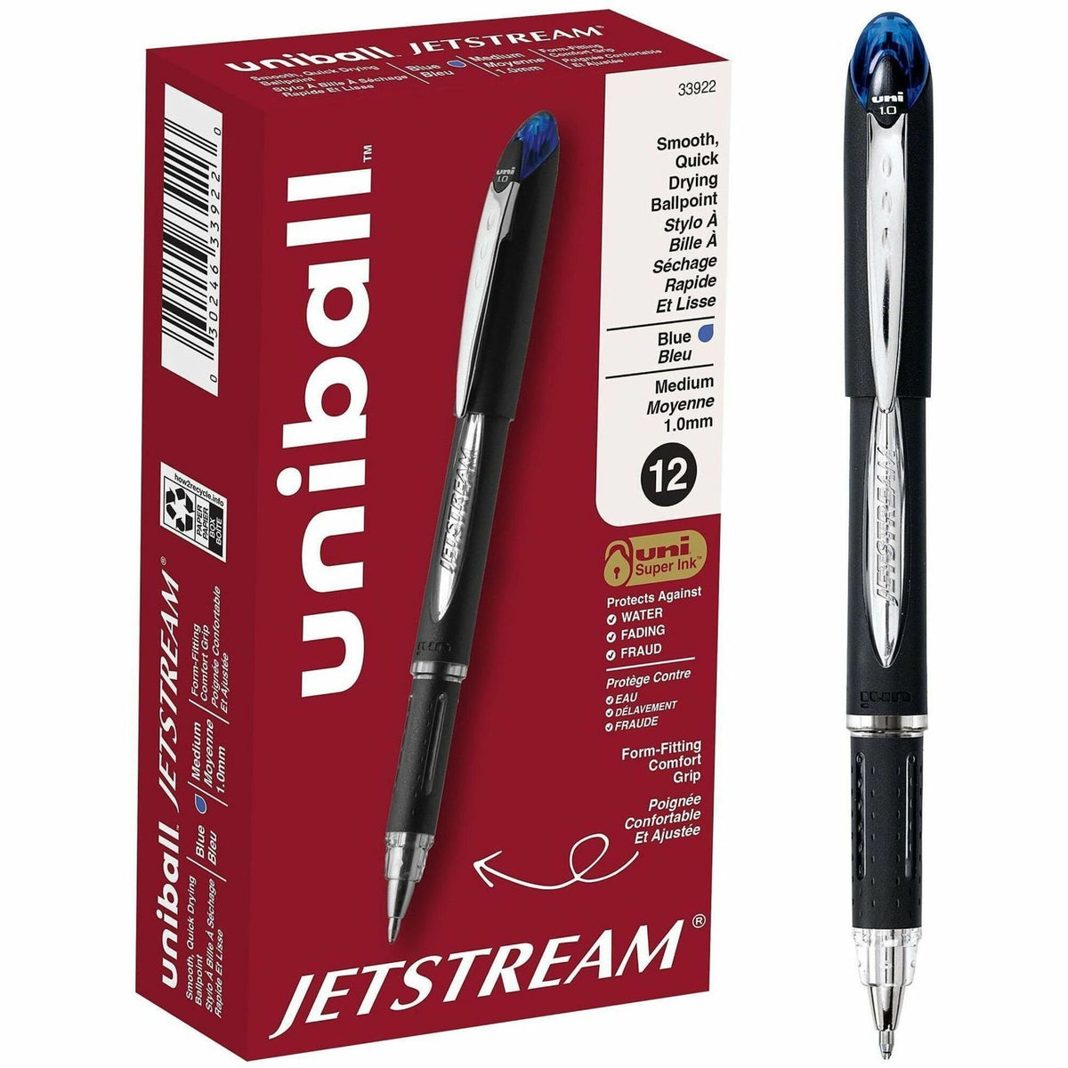 uniball™ Jetstream Ballpoint Pens - 1 mm Medium Pen Point - Blue Ink - Pigment-based - Black Stainless Steel Barrel - 1 Each