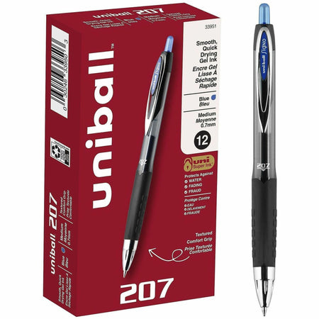 uniball™ 207 Gel Pen - 0.7 mm Medium Pen Point - Refillable - Retractable - Blue Ink - Gel-based - 1 Dozen
