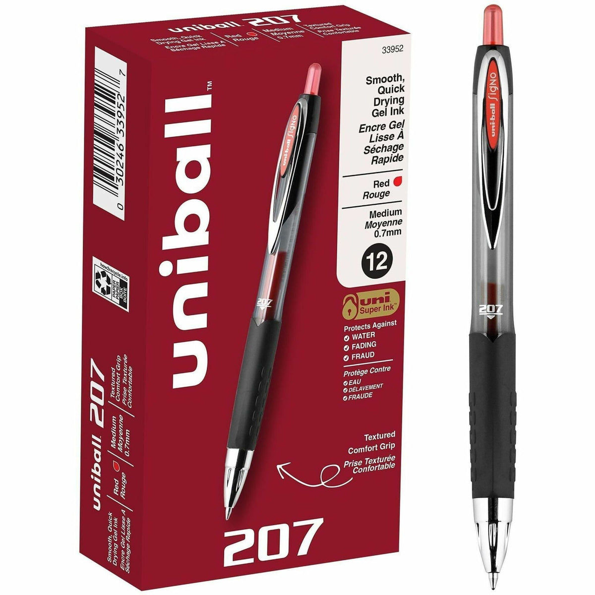 uniball&#8482; 207 Gel Pen - 0.7 mm Medium Pen Point - Refillable - Retractable - Red Ink - Gel-based - 1 Each