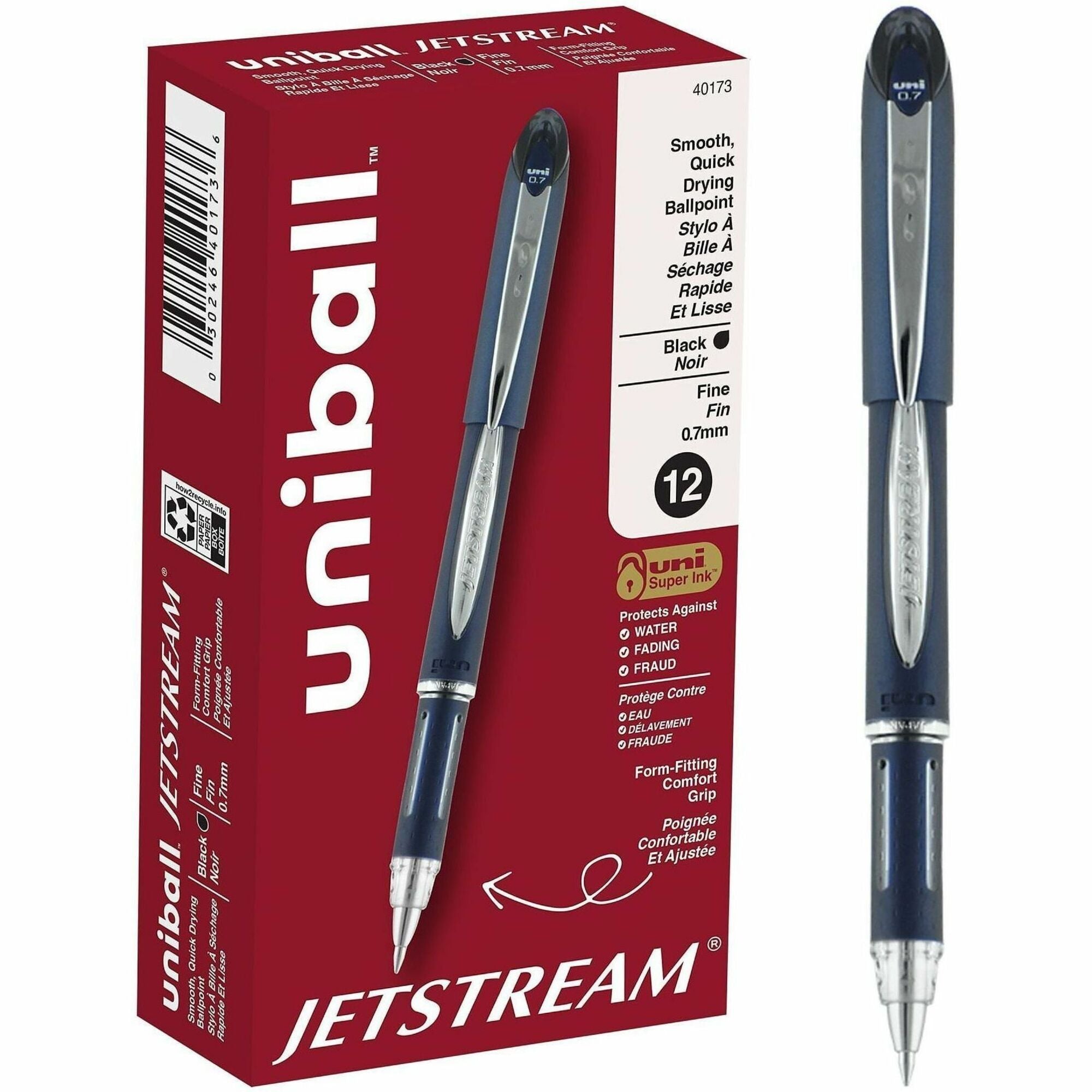 uniball&#8482; Jetstream Ballpoint Pen - 0.7 mm Fine Pen Point - Black Ink - Pigment-based - Blue Stainless Steel Barrel - 1 Dozen