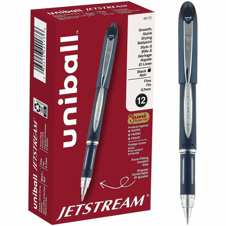 uniball&#8482; Jetstream Ballpoint Pen - 0.7 mm Fine Pen Point - Black Ink - Pigment-based - Blue Stainless Steel Barrel - 1 Dozen