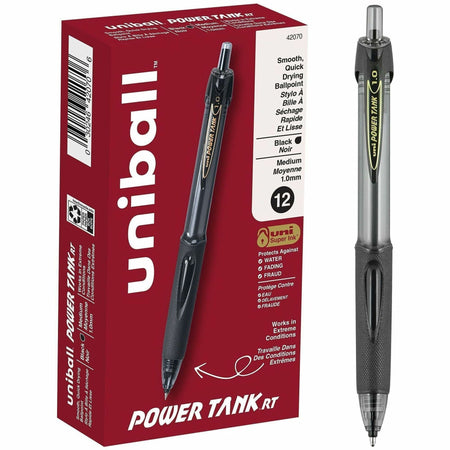 uniball&#8482; Power Tank Retractable Ballpoint Pens - 1 mm Medium Pen Point - Refillable - Retractable - Black Ink - Black Barrel - 1 Dozen