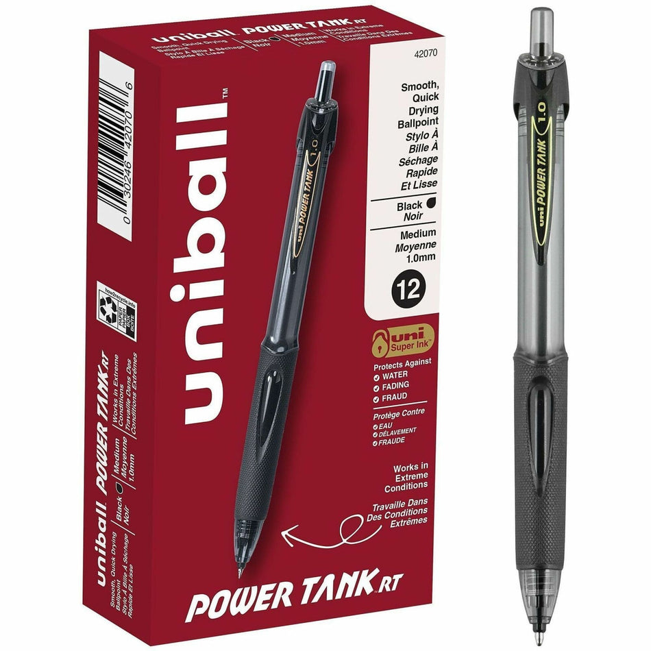uniball&#8482; Power Tank Retractable Ballpoint Pens - 1 mm Medium Pen Point - Refillable - Retractable - Black Ink - Black Barrel - 1 Dozen