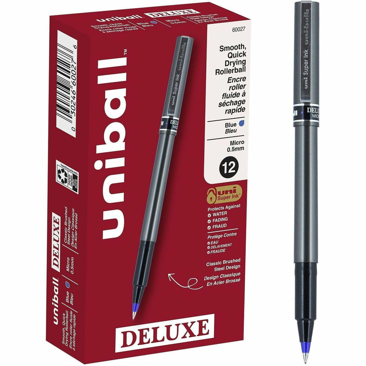 uniball&#8482; Deluxe Rollerball Pens - 0.5 mm Micro Pen Point - Blue Ink - Gray Barrel - 1 Each