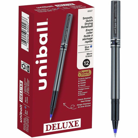 uniball&#8482; Deluxe Rollerball Pens - 0.5 mm Micro Pen Point - Blue Ink - Gray Barrel - 1 Each