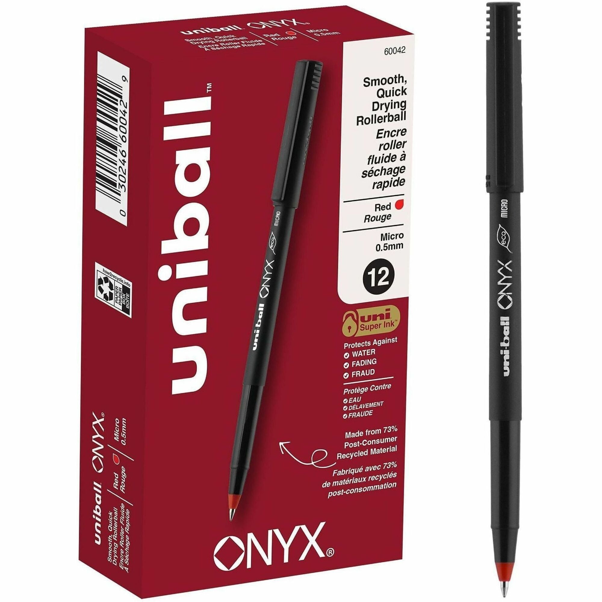 uniball&#8482; Onyx Rollerball Pens - 0.5 mm Micro Pen Point - Red Ink - Metal Tip - 1 Dozen