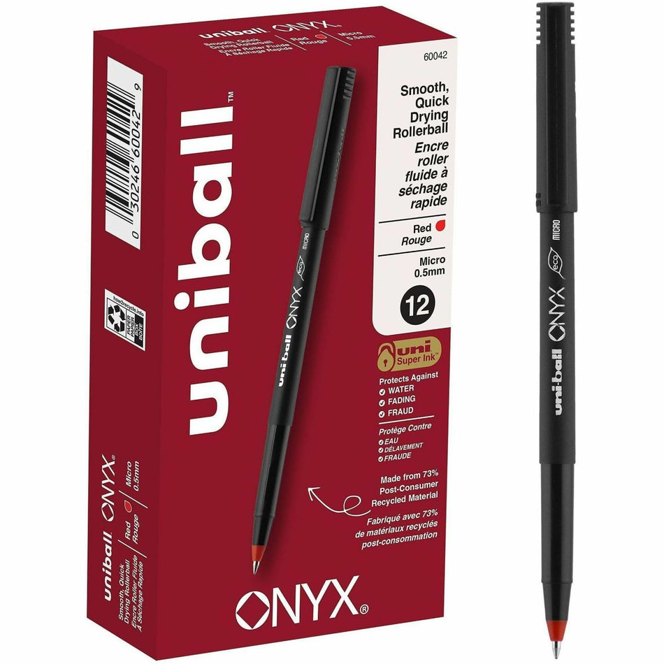 uniball&#8482; Onyx Rollerball Pens - 0.5 mm Micro Pen Point - Red Ink - Metal Tip - 1 Dozen