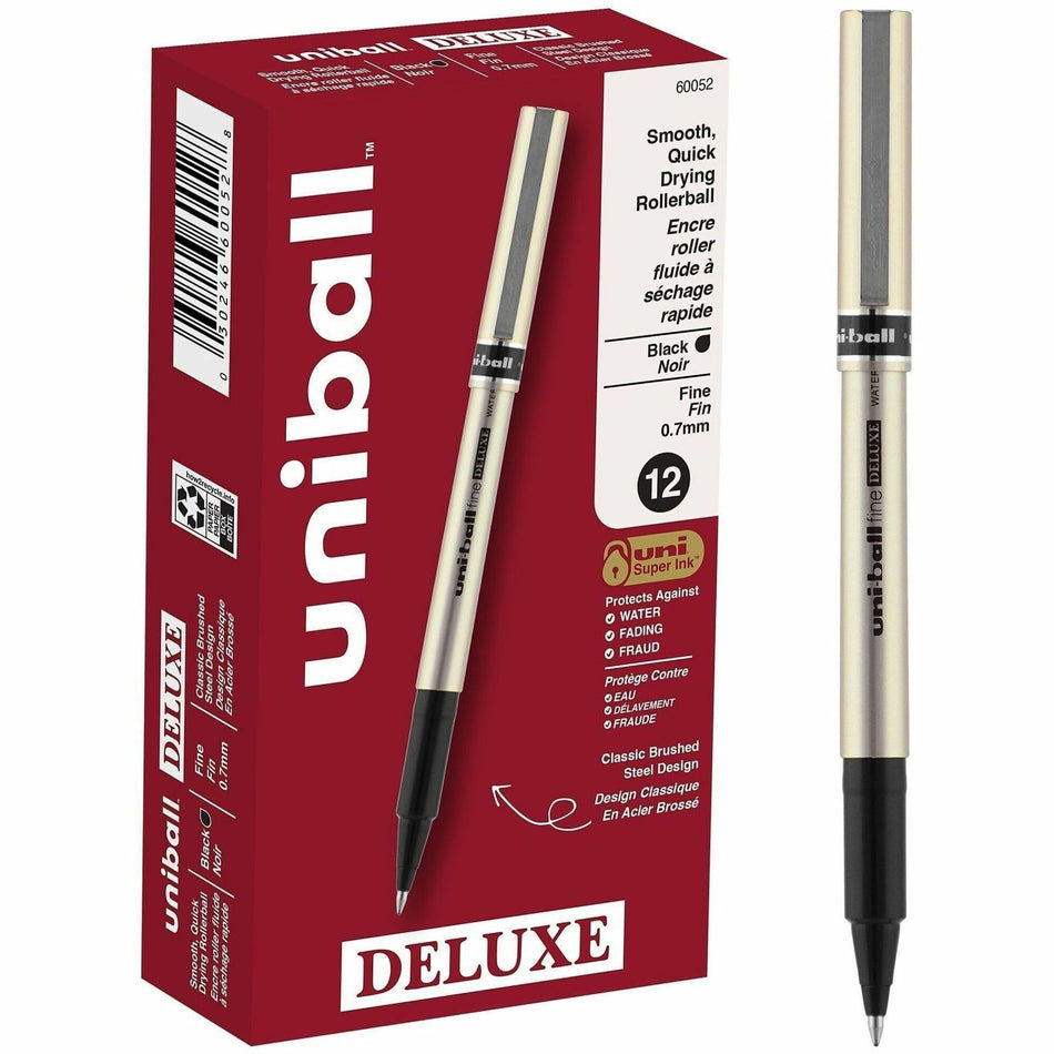 uniball&trade; Deluxe Rollerball Pens - 0.7 mm Fine Pen Point - Black Ink - Champagne Barrel - 1 Dozen