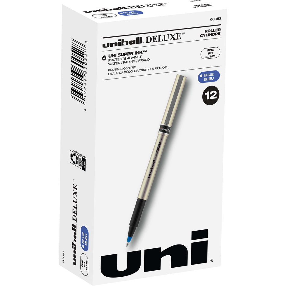 uniball&#8482; Deluxe Rollerball Pens - 0.7 mm Fine Pen Point - Blue Ink - Champagne Barrel - 1 Dozen