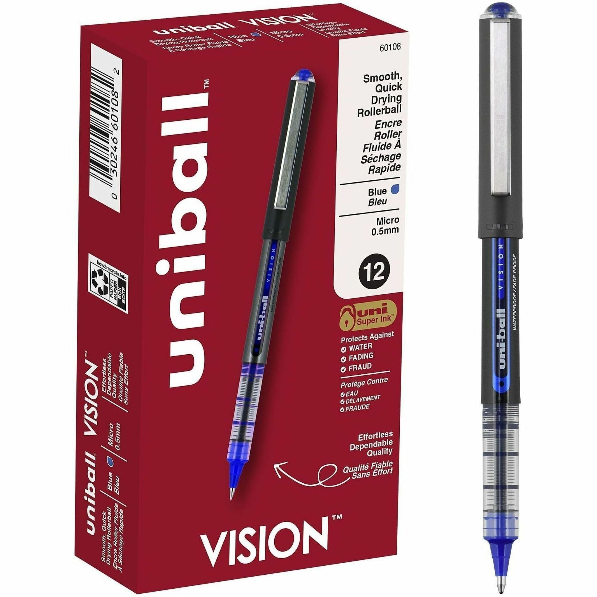 uniball&#8482; Vision Rollerball Pens - 0.5 mm Micro Pen Point - Blue Ink - 1 Each