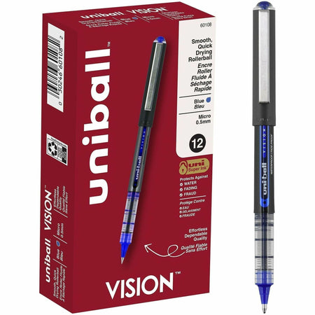 uniball&#8482; Vision Rollerball Pens - 0.5 mm Micro Pen Point - Blue Ink - 1 Each