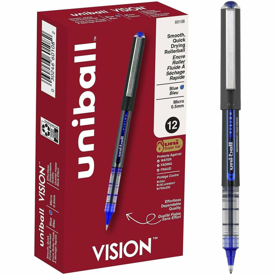 uniball&#8482; Vision Rollerball Pens - 0.5 mm Micro Pen Point - Blue Ink - 1 Each