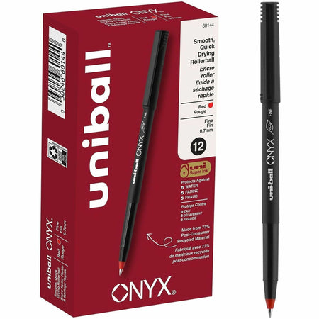 uniball&#8482; Onyx Rollerball Pens - 0.7 mm Fine Pen Point - Red Ink - Metal Tip - 1 Dozen