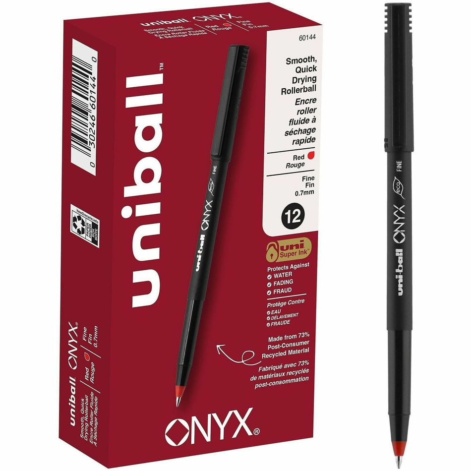 uniball&#8482; Onyx Rollerball Pens - 0.7 mm Fine Pen Point - Red Ink - Metal Tip - 1 Dozen