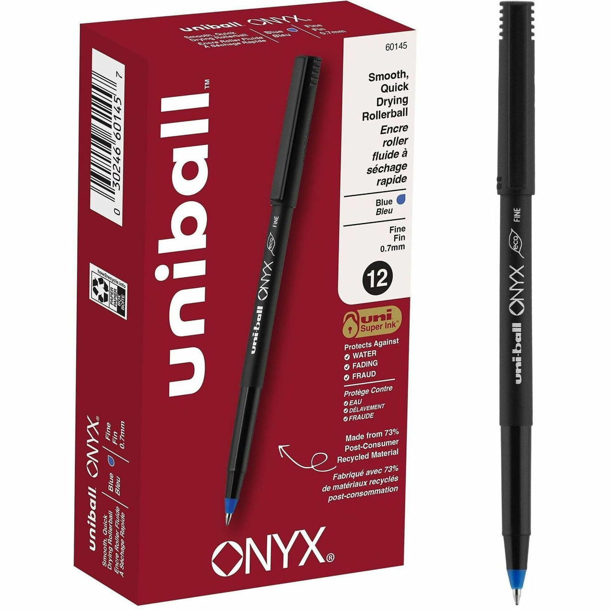 uniball&#8482; Onyx Rollerball Pens - 0.7 mm Fine Pen Point - Blue Ink - Metal Tip - 1 Dozen
