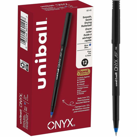 uniball&#8482; Onyx Rollerball Pens - 0.7 mm Fine Pen Point - Blue Ink - Metal Tip - 1 Dozen