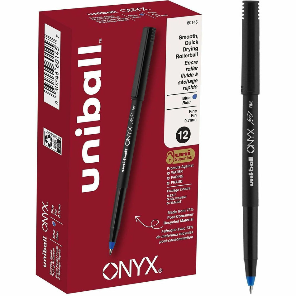 uniball&#8482; Onyx Rollerball Pens - 0.7 mm Fine Pen Point - Blue Ink - Metal Tip - 1 Dozen