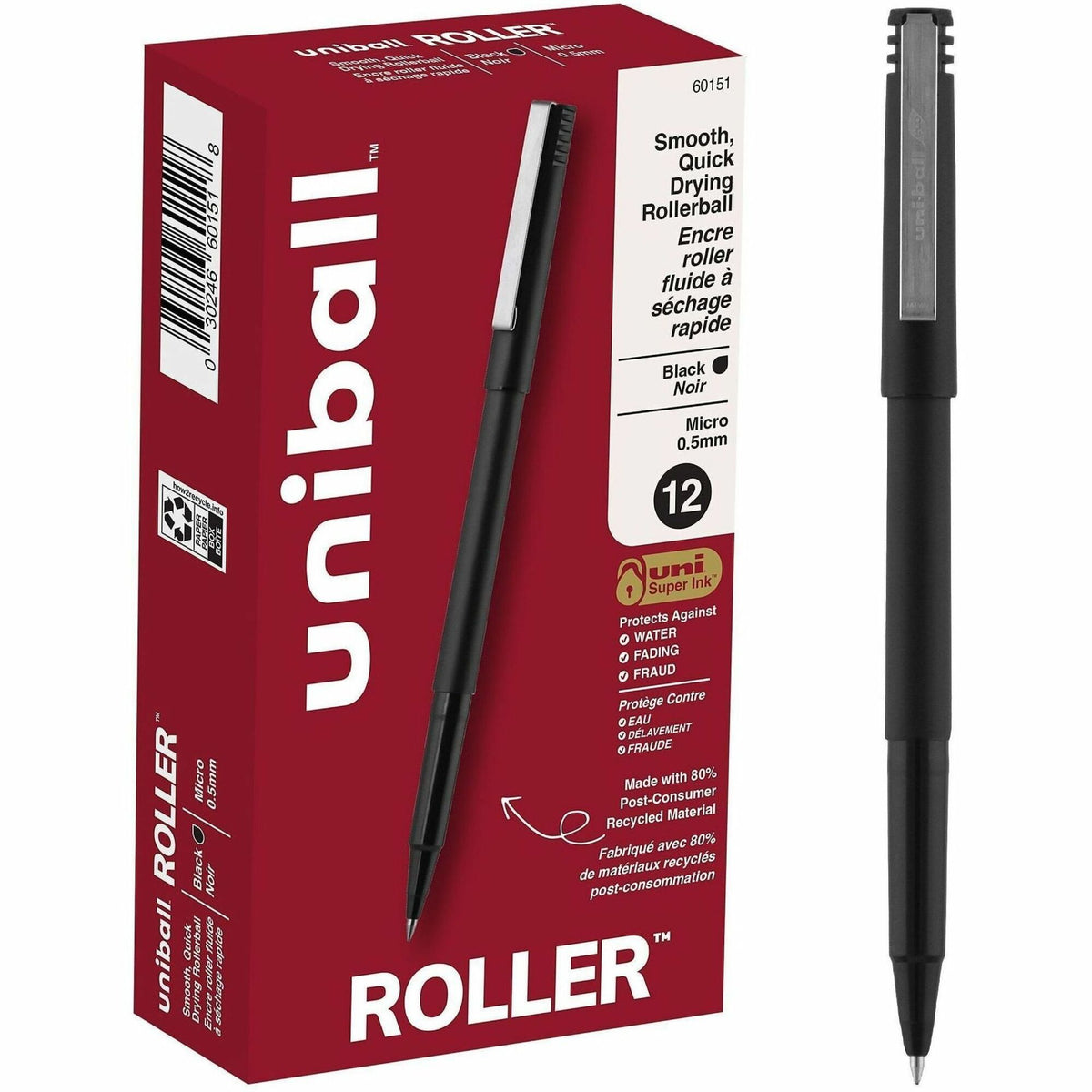 uniball™ Roller Rollerball Pen - 0.5 mm Micro Pen Point - Black Ink - Water Based - Black Stainless Steel Barrel - 1 Each