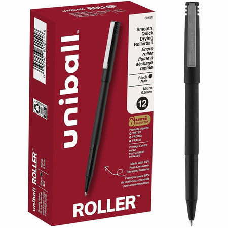 uniball™ Roller Rollerball Pen - 0.5 mm Micro Pen Point - Black Ink - Water Based - Black Stainless Steel Barrel - 1 Each