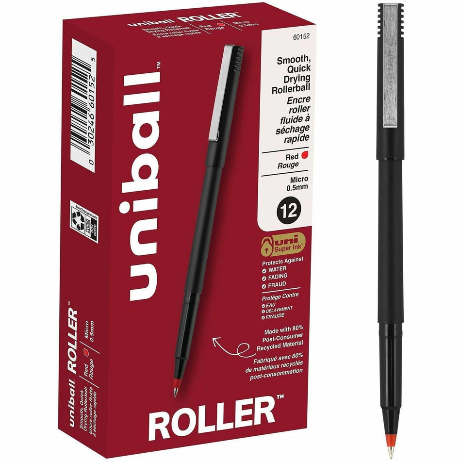 uniball&#8482; Roller Rollerball Pen - 0.5 mm Micro Pen Point - Red Ink - Water Based - Black Stainless Steel Barrel - 1 Dozen