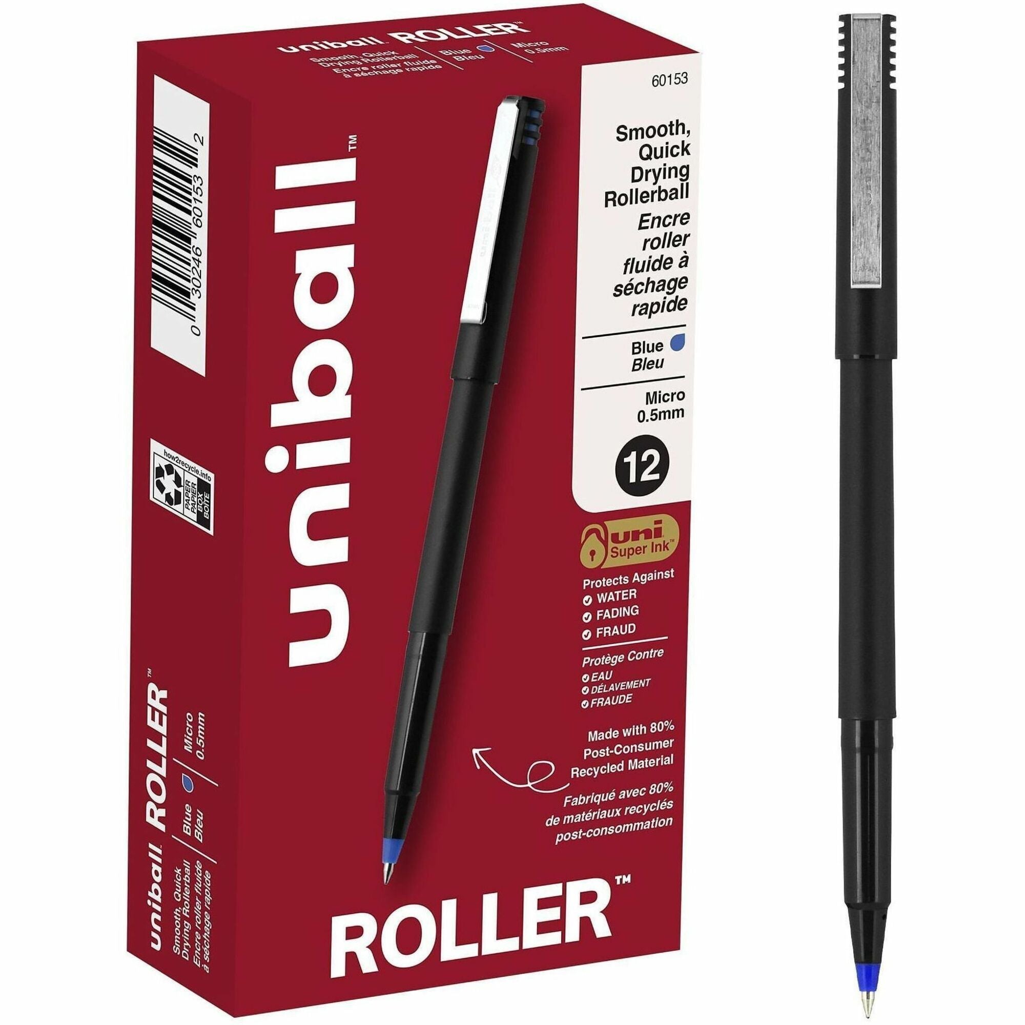 uniball&#8482; Roller Rollerball Pen - 0.5 mm Micro Pen Point - Blue Ink - Water Based - Black Stainless Steel Barrel - 1 Each