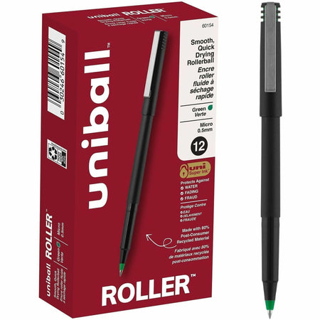 uniball&#8482; Roller Rollerball Pen - 0.5 mm Micro Pen Point - Green Ink - Black Stainless Steel Barrel - 1 Dozen