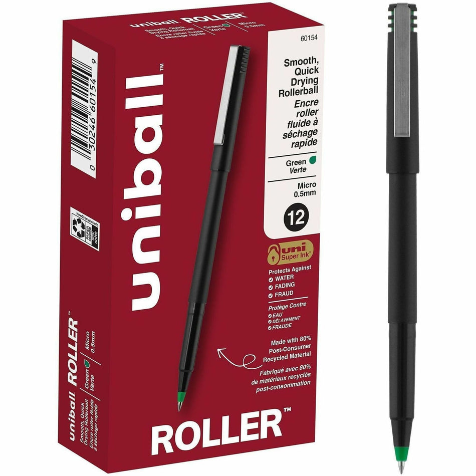 uniball&#8482; Roller Rollerball Pen - 0.5 mm Micro Pen Point - Green Ink - Black Stainless Steel Barrel - 1 Dozen