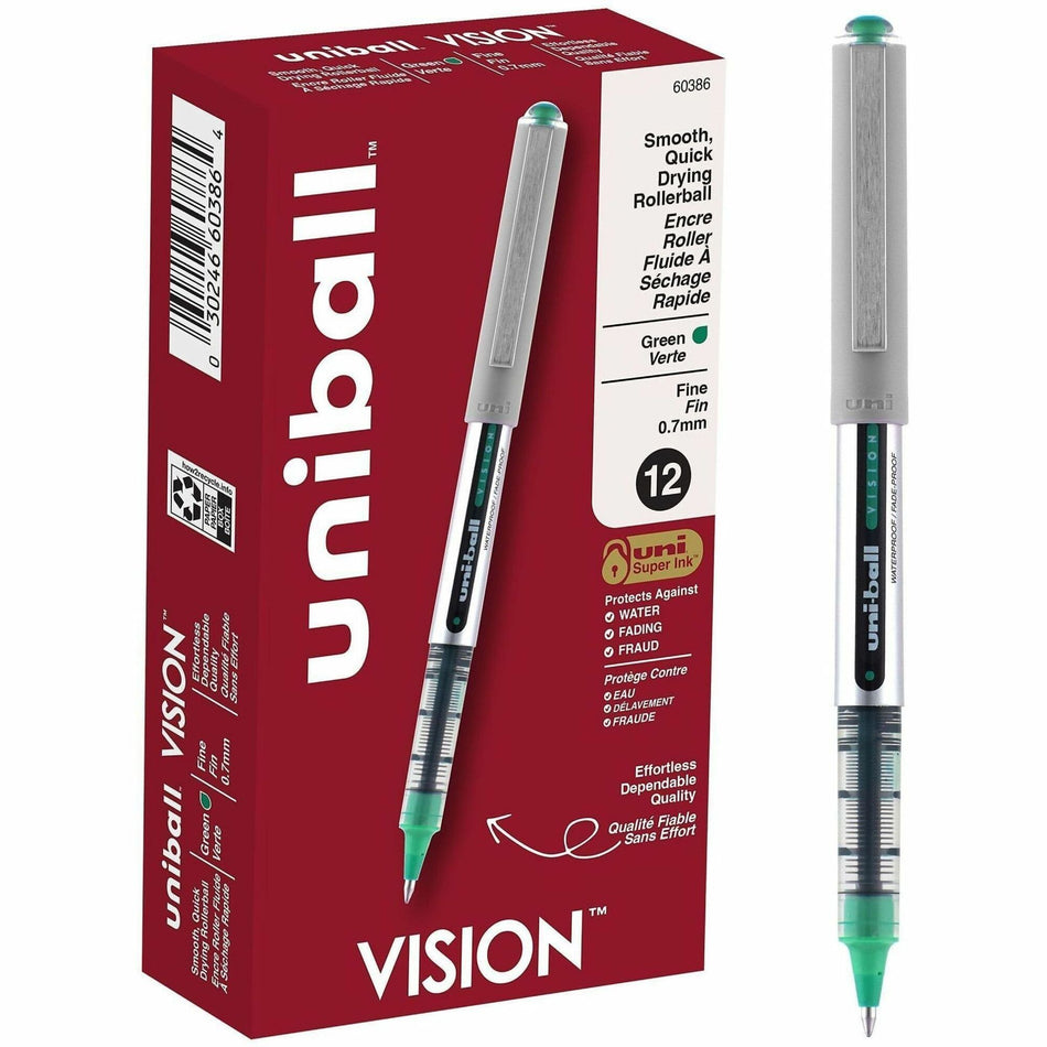 uniball&#8482; Vision Rollerball Pens - 0.7 mm Fine Pen Point - Green Ink - 1 Dozen