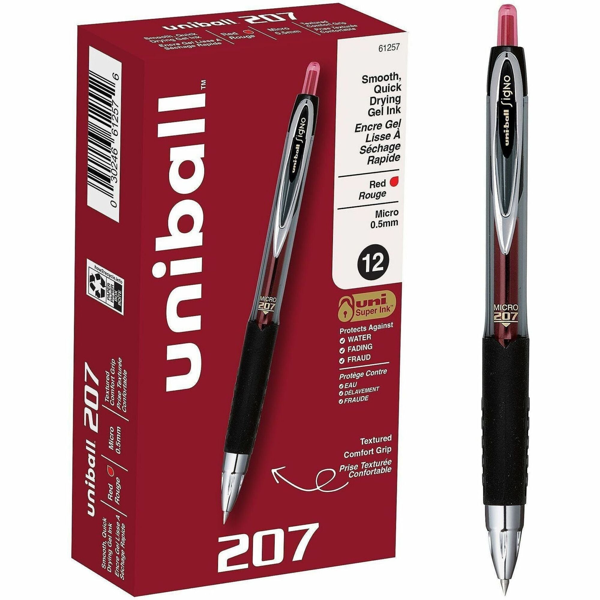 uniball&#8482; 207 Gel Pen - 0.5 mm Micro Pen Point - Refillable - Retractable - Red Ink - Gel-based - Translucent Barrel - 1 Dozen
