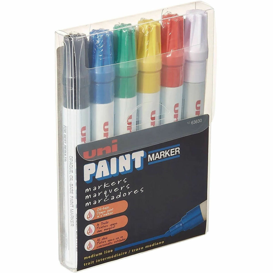 uniball&#8482; uni-Paint PX-20 Oil-Based Paint Marker - Medium Marker Point - Assorted, Blue, Red, Green, Yellow, Black Ink - Oil Based - White Barrel - 6 / Set