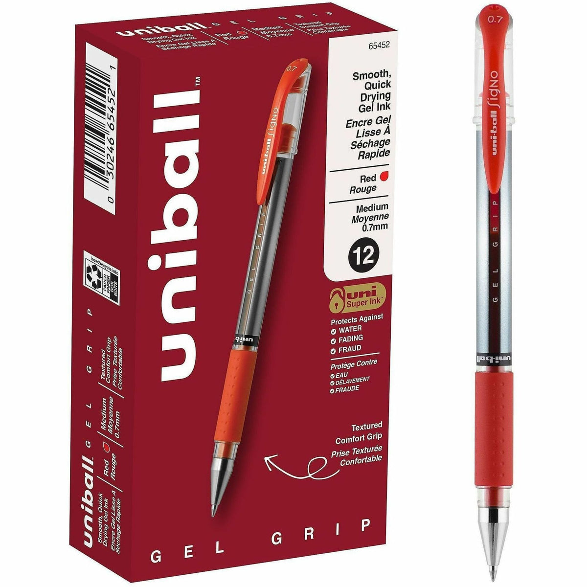 uniball&#8482; GEL GRIP Gel Pens - 0.7 mm Medium Pen Point - Red Ink - Gel-based, Pigment-based - Stainless Steel Tip - Office, Home, Classroom, Document - 1 Each