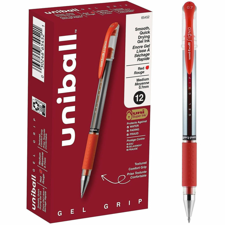 uniball&#8482; GEL GRIP Gel Pens - 0.7 mm Medium Pen Point - Red Ink - Gel-based, Pigment-based - Stainless Steel Tip - Office, Home, Classroom, Document - 1 Each